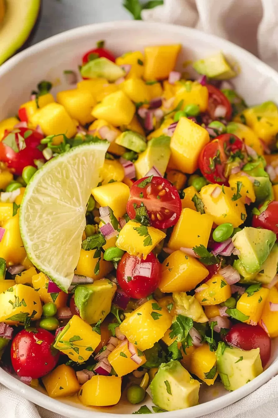 Close-up of a colorful summer salad featuring avocado, mango, cherry tomatoes, red onion, and a wedge of lime.