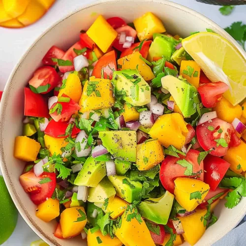 Fresh avocado and mango salad with diced tomatoes, red onion, and a sprinkle of chopped herbs in a ceramic bowl.