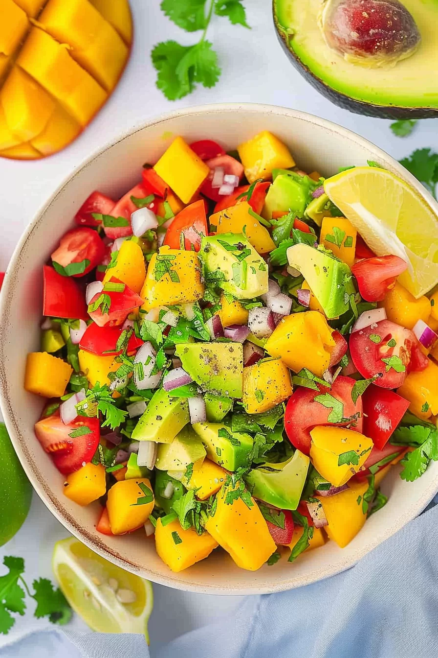 Fresh avocado and mango salad with diced tomatoes, red onion, and a sprinkle of chopped herbs in a ceramic bowl.