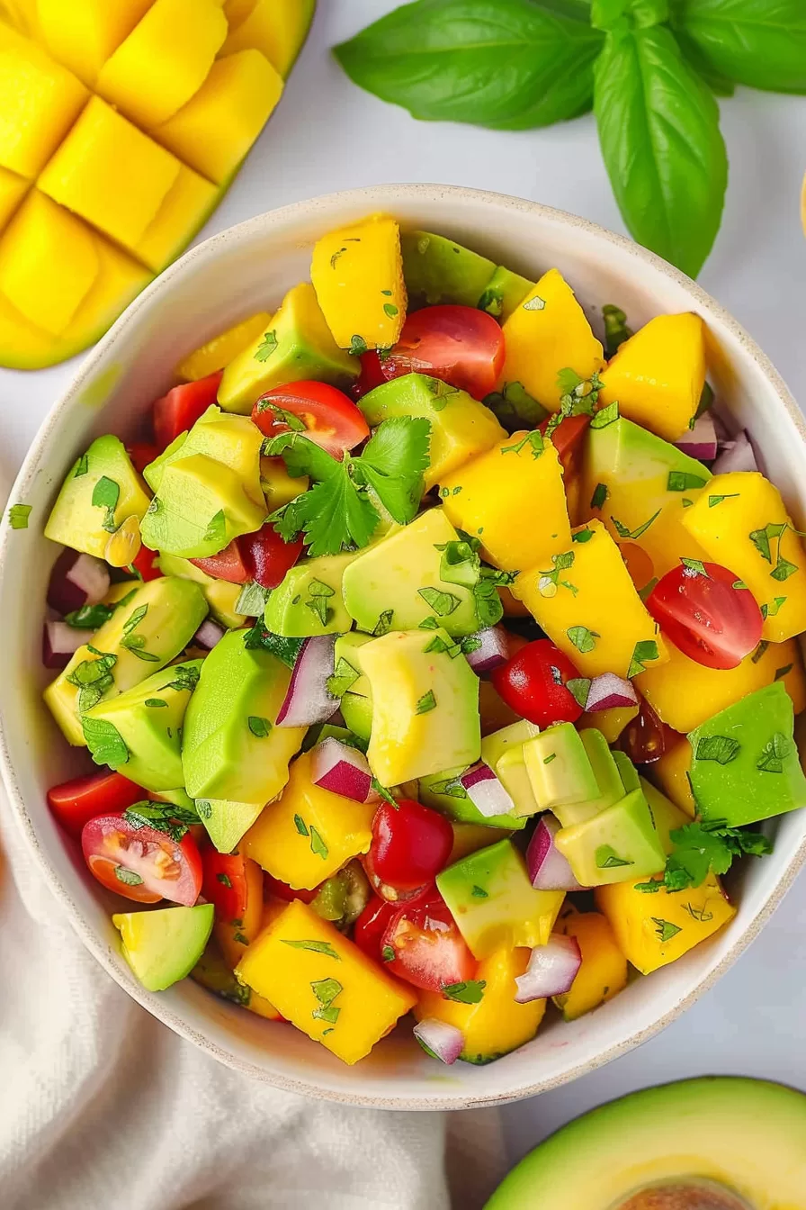 A refreshing bowl of avocado mango salad with cherry tomatoes, red onion, and cilantro, ready to be served.