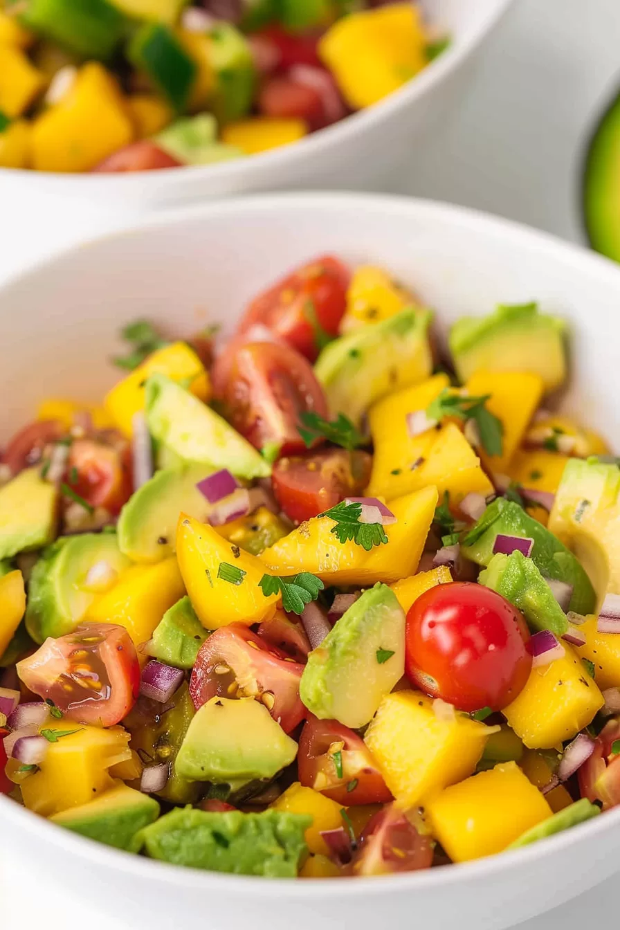 Top-down view of a mixed avocado and mango salad with bright red tomatoes, diced onions, and a lime wedge for garnish.