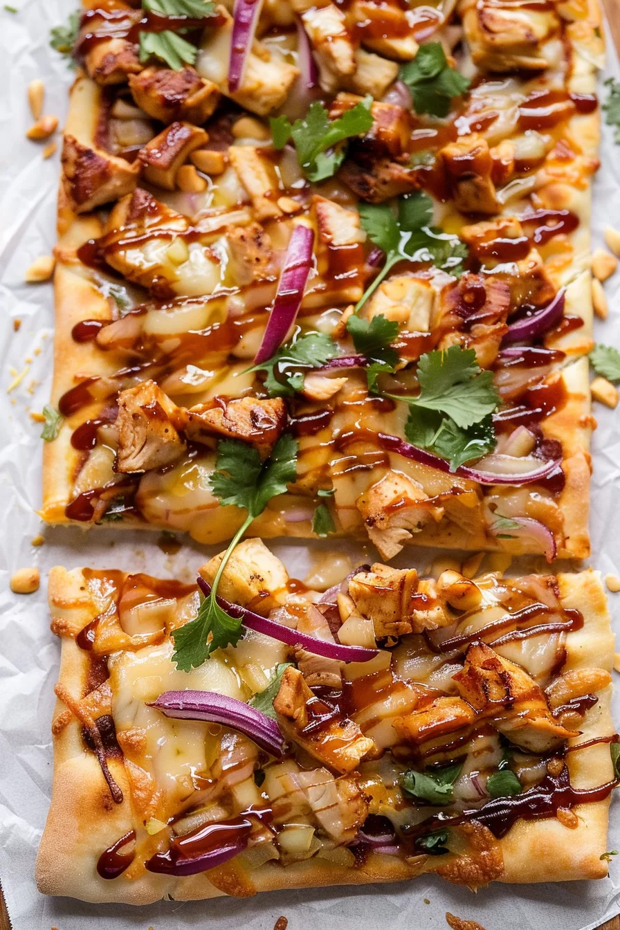 Close-up of freshly baked BBQ chicken flatbread with gooey cheese, caramelized edges, and garnished with fresh cilantro.