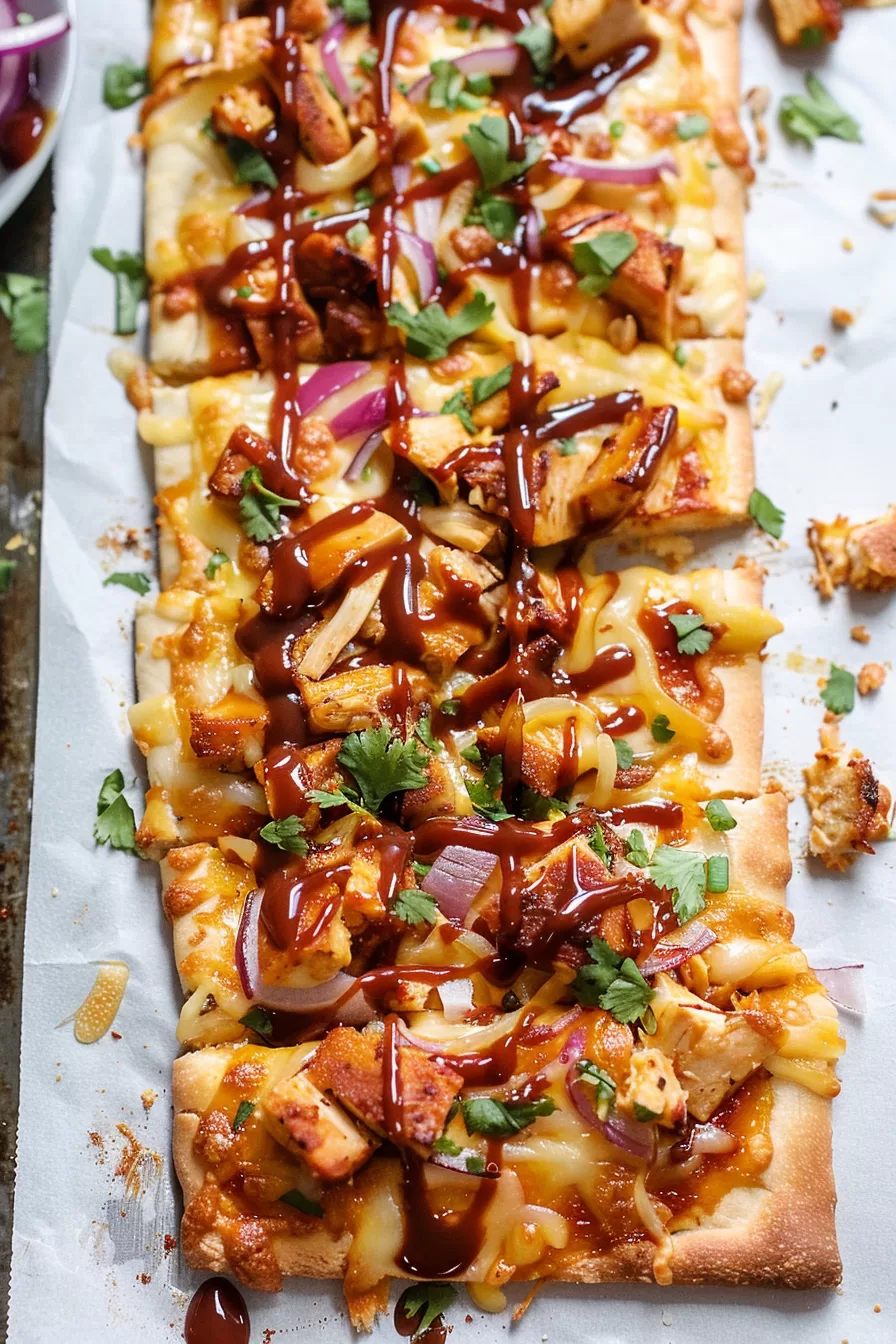 Golden flatbread topped with chunks of BBQ chicken, melted cheese, red onion slices, and a drizzle of barbecue sauce.