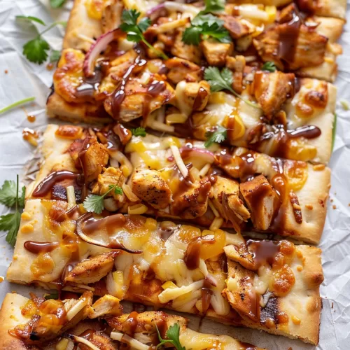 Crispy flatbread layered with BBQ chicken, red onion slivers, and melted cheese, finished with a drizzle of sauce and herbs.