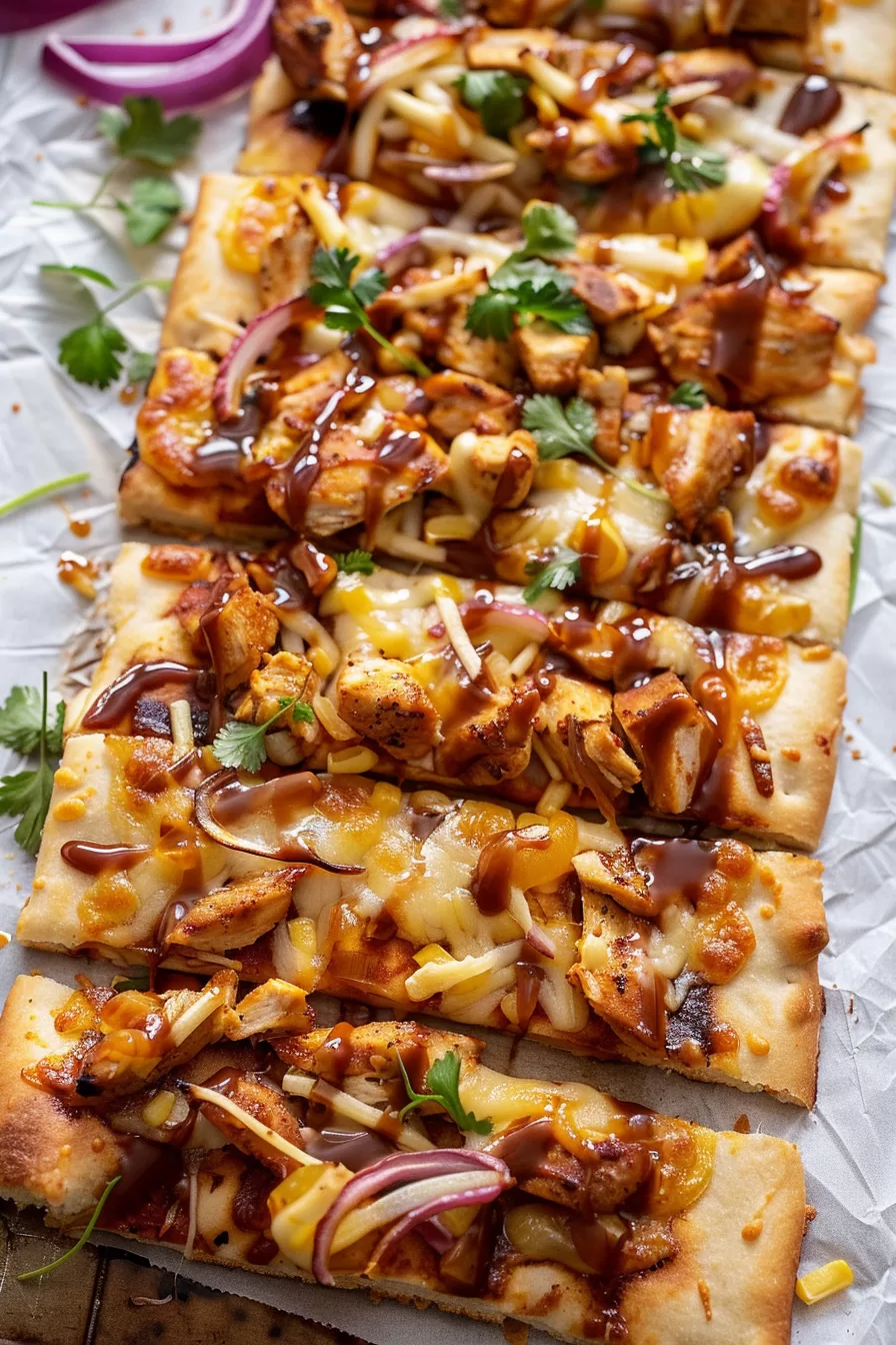 Crispy flatbread layered with BBQ chicken, red onion slivers, and melted cheese, finished with a drizzle of sauce and herbs.