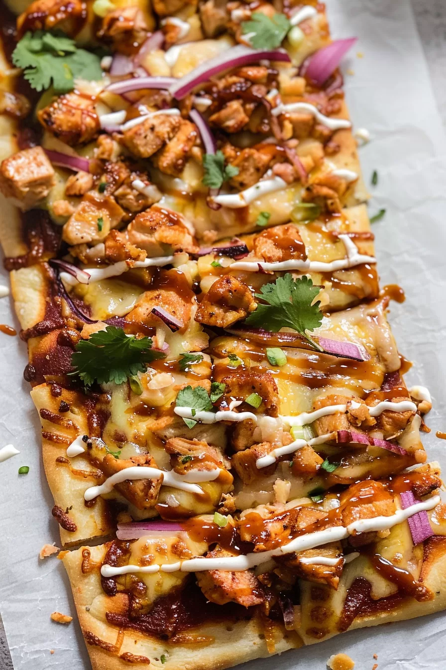 Flatbread pizza loaded with BBQ chicken, red onions, melted cheese, and a drizzle of tangy barbecue sauce, served on parchment paper.