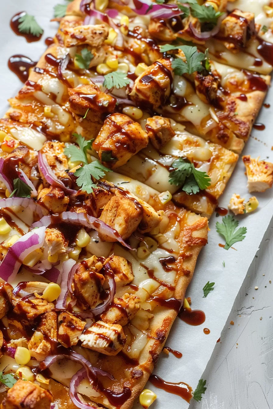 Sliced BBQ chicken flatbread featuring tender chicken pieces, sharp red onions, and melty cheese with a golden crust.