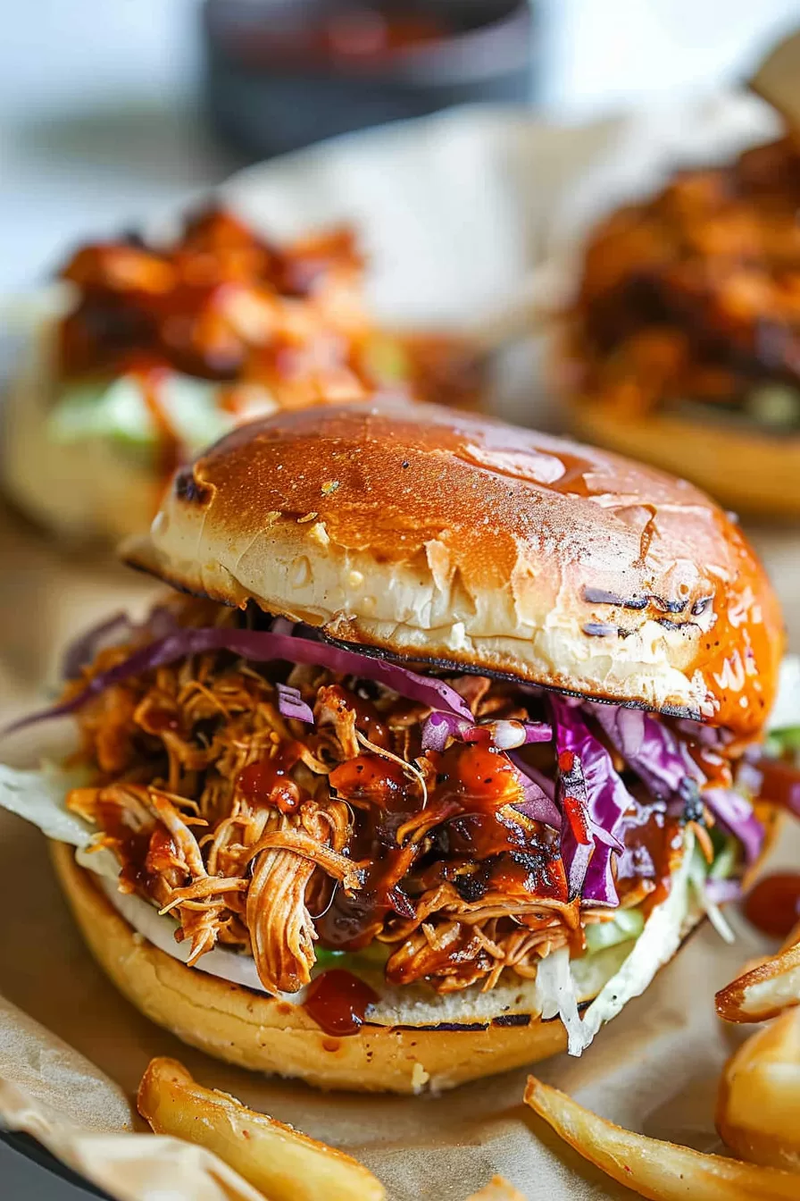 Pulled chicken burger loaded with barbecue sauce and purple cabbage slaw, with a side of crispy fries on parchment paper.