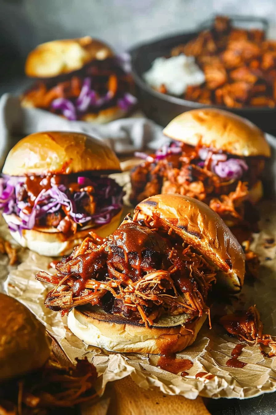 Stacked BBQ pulled chicken sandwich with slaw, dripping with sauce on a wooden serving board, surrounded by fresh coleslaw ingredients.