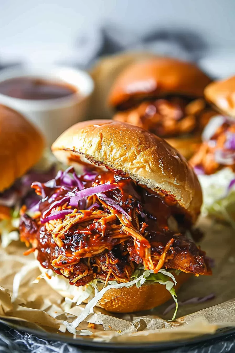 Top-down shot of a BBQ pulled chicken burger with toasted buns, shredded chicken, and vibrant slaw, ready to be served.