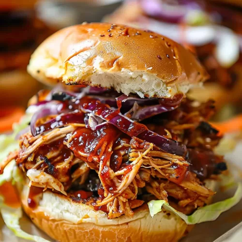 Close-up of a BBQ pulled chicken burger served on a toasted brioche bun with purple cabbage slaw and a drizzle of barbecue sauce.