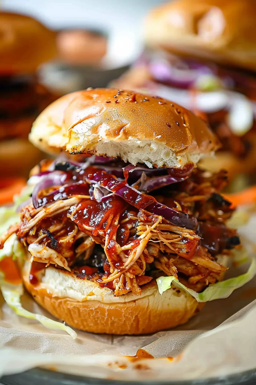 Close-up of a BBQ pulled chicken burger served on a toasted brioche bun with purple cabbage slaw and a drizzle of barbecue sauce.