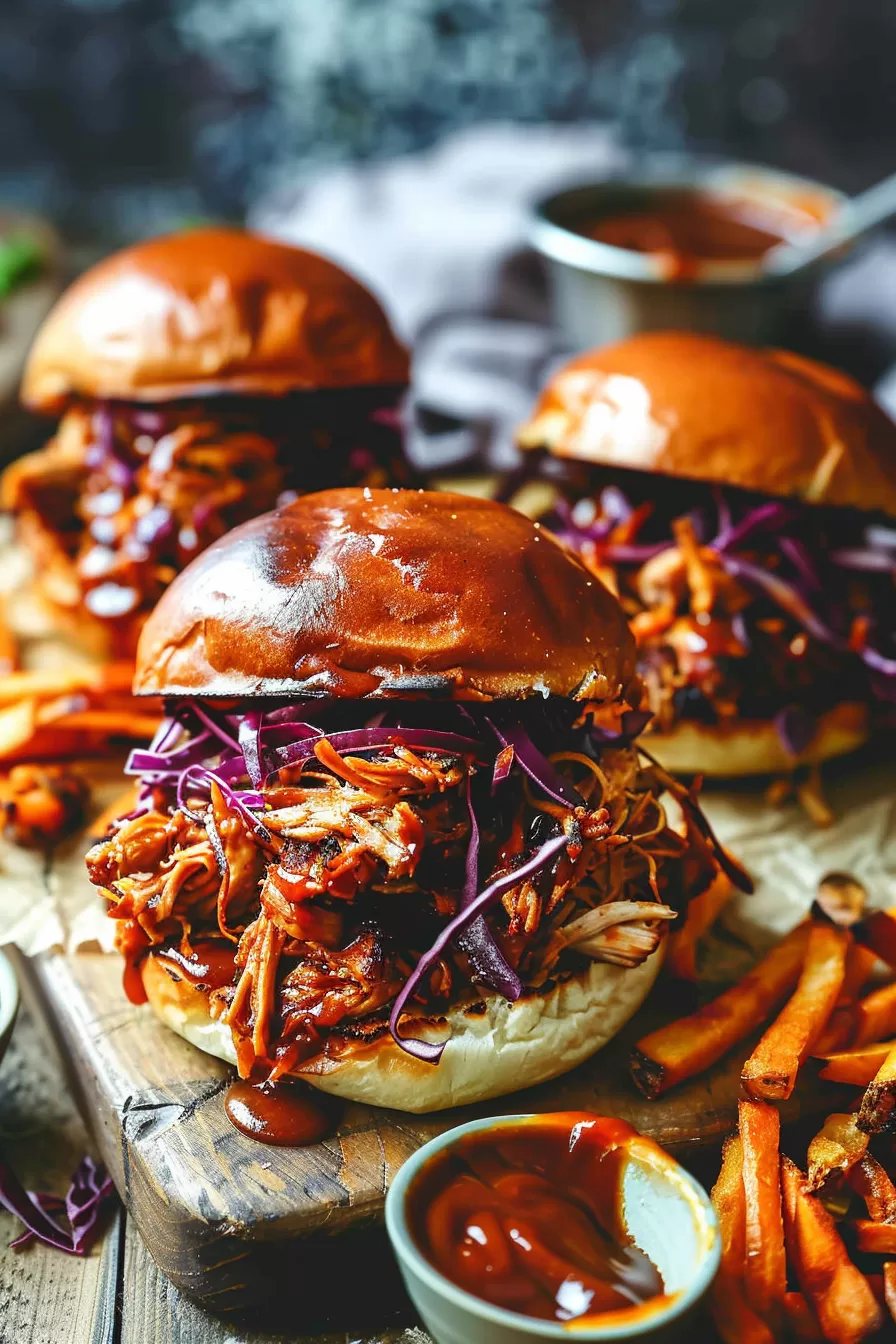 A platter of BBQ pulled chicken sandwiches topped with tangy slaw and sauce, served alongside sweet potato fries.