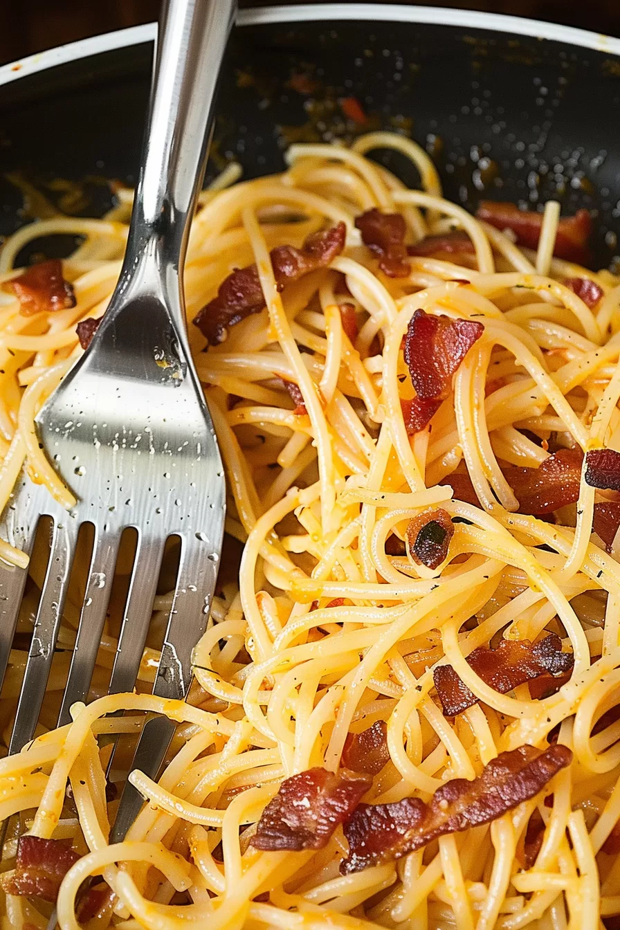 A serving of bacon pasta with golden spaghetti, crispy bacon pieces, and a glossy sauce in a skillet.