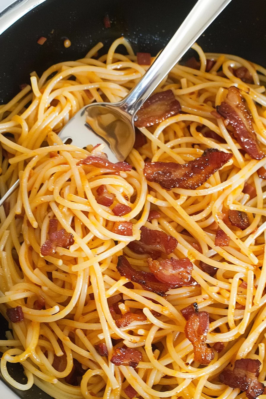 Close-up of spaghetti tossed with crispy bacon bits and light tomato sauce, twirled around a silver fork.