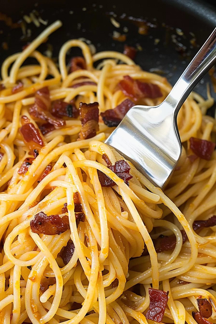 Freshly cooked spaghetti with bacon, coated in a rich sauce, garnished with herbs and served with a fork