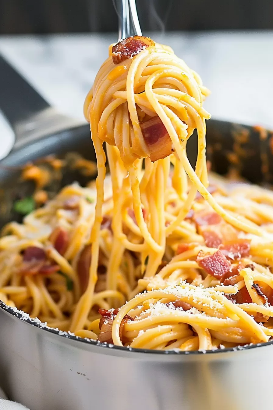 A steaming forkful of spaghetti with bacon, coated in a savory sauce, lifted from the pan.