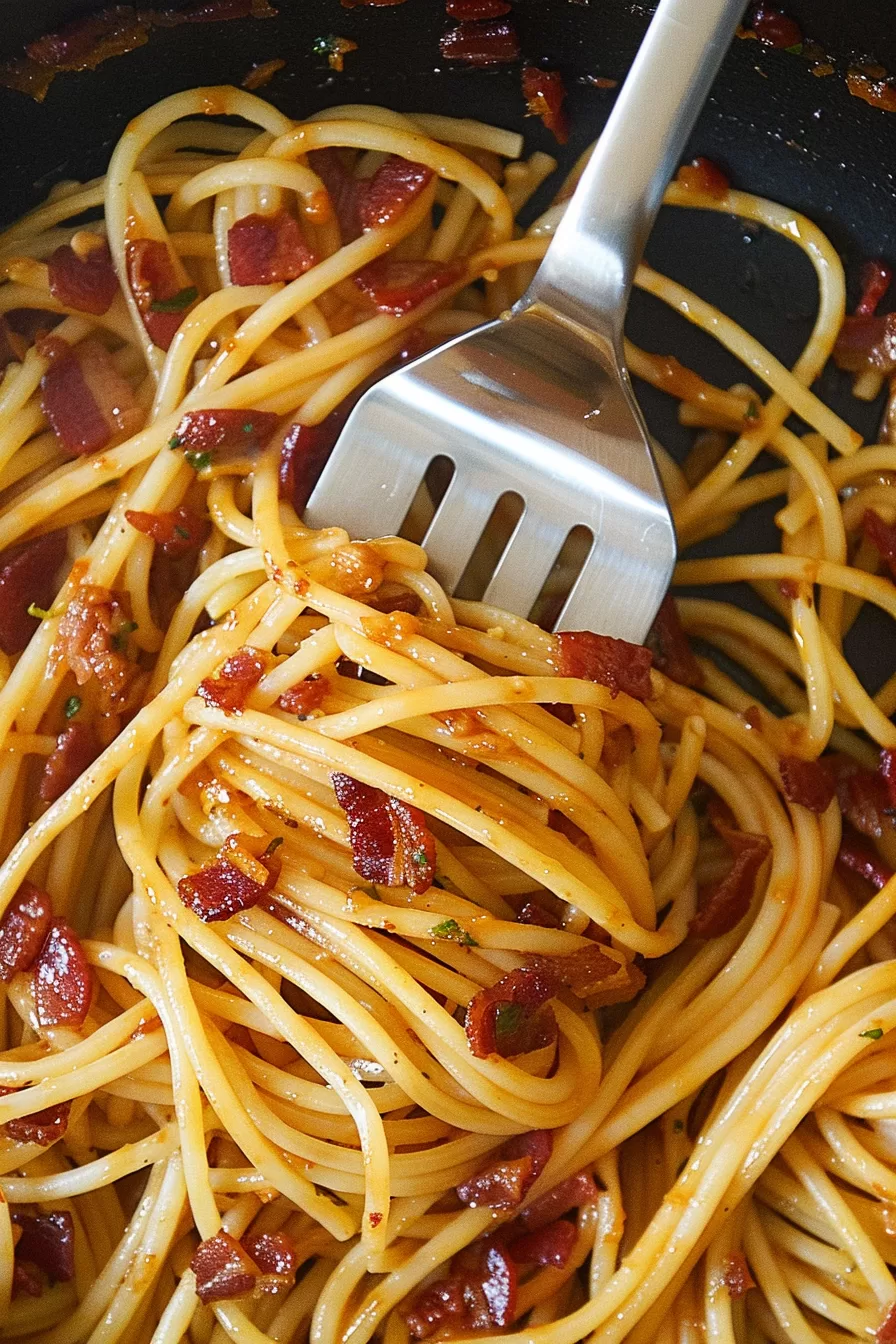 Top view of bacon pasta with spaghetti, crispy bacon bits, and a tomato-based sauce, ready to serve.