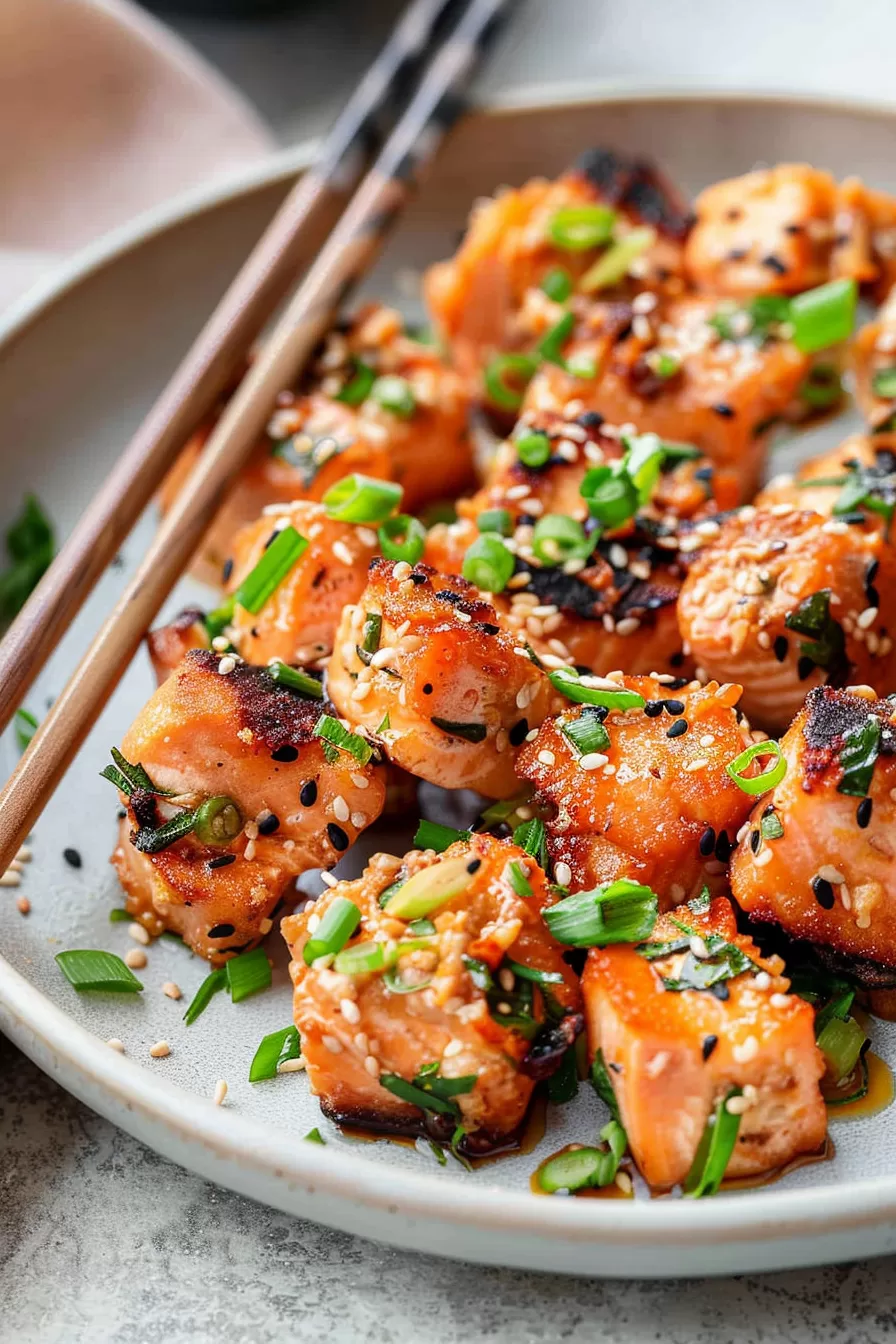 Salmon bites cooked to perfection, with a spicy glaze and a sprinkle of sesame seeds, served with chopsticks on the side.