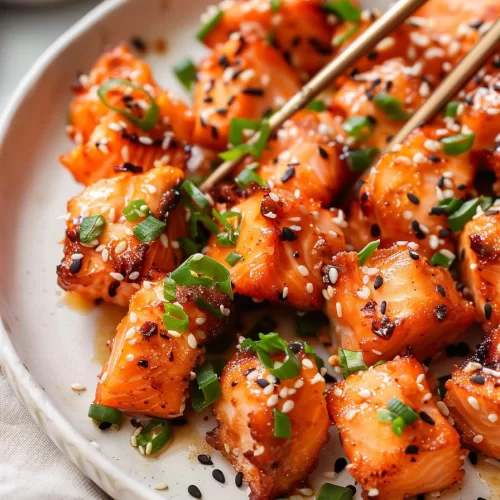 Golden brown salmon bites served with a side of dipping sauce, sprinkled with black and white sesame seeds for extra crunch.