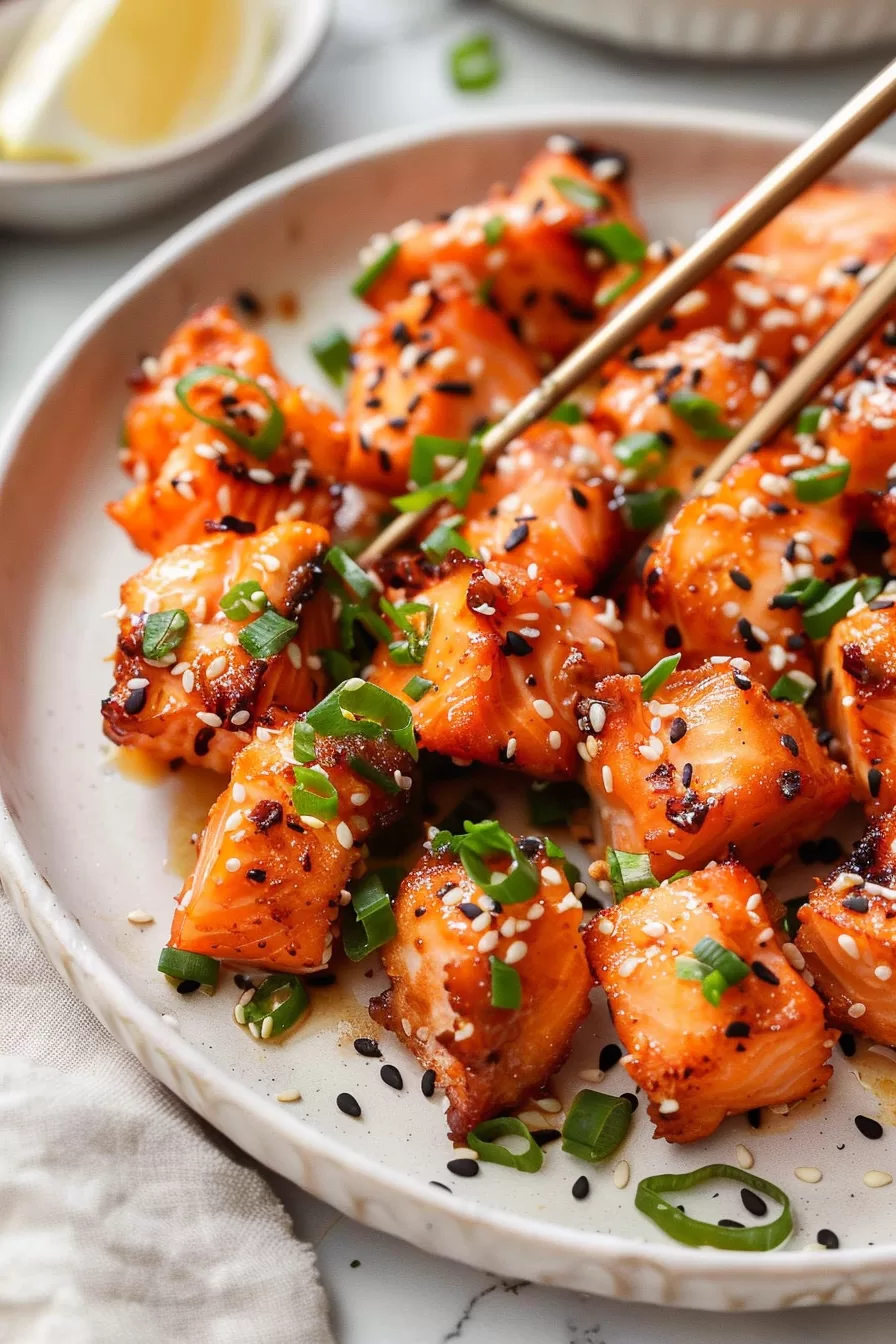 Golden brown salmon bites served with a side of dipping sauce, sprinkled with black and white sesame seeds for extra crunch.