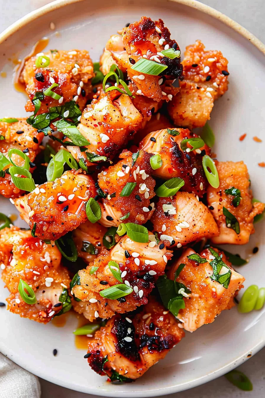 A plate of tender salmon cubes coated in a spicy sauce, garnished with fresh green onions and sesame seeds.