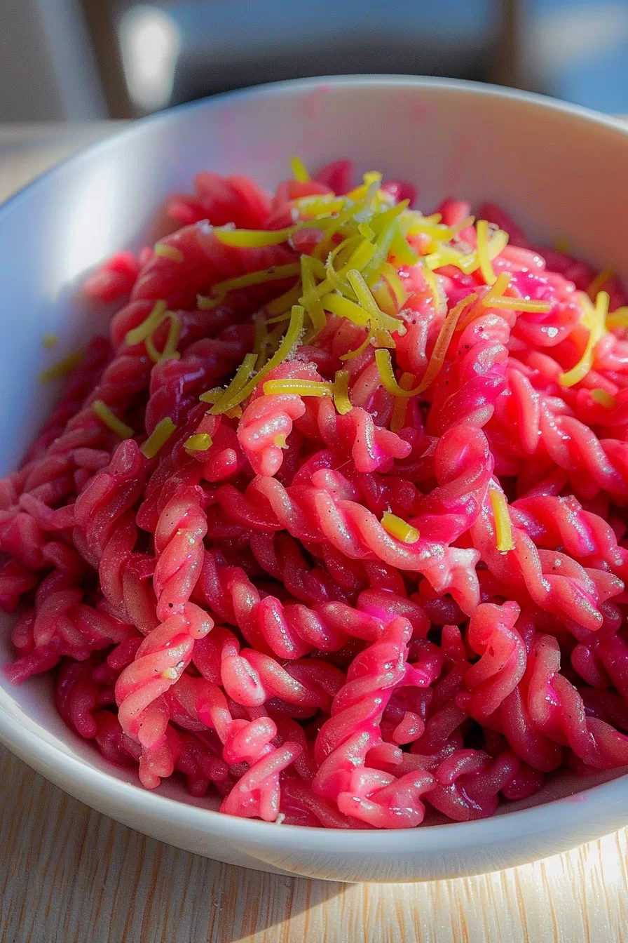 A vibrant bowl of twisted pasta coated in a rich pink sauce, topped with fresh grated zest for a pop of color.