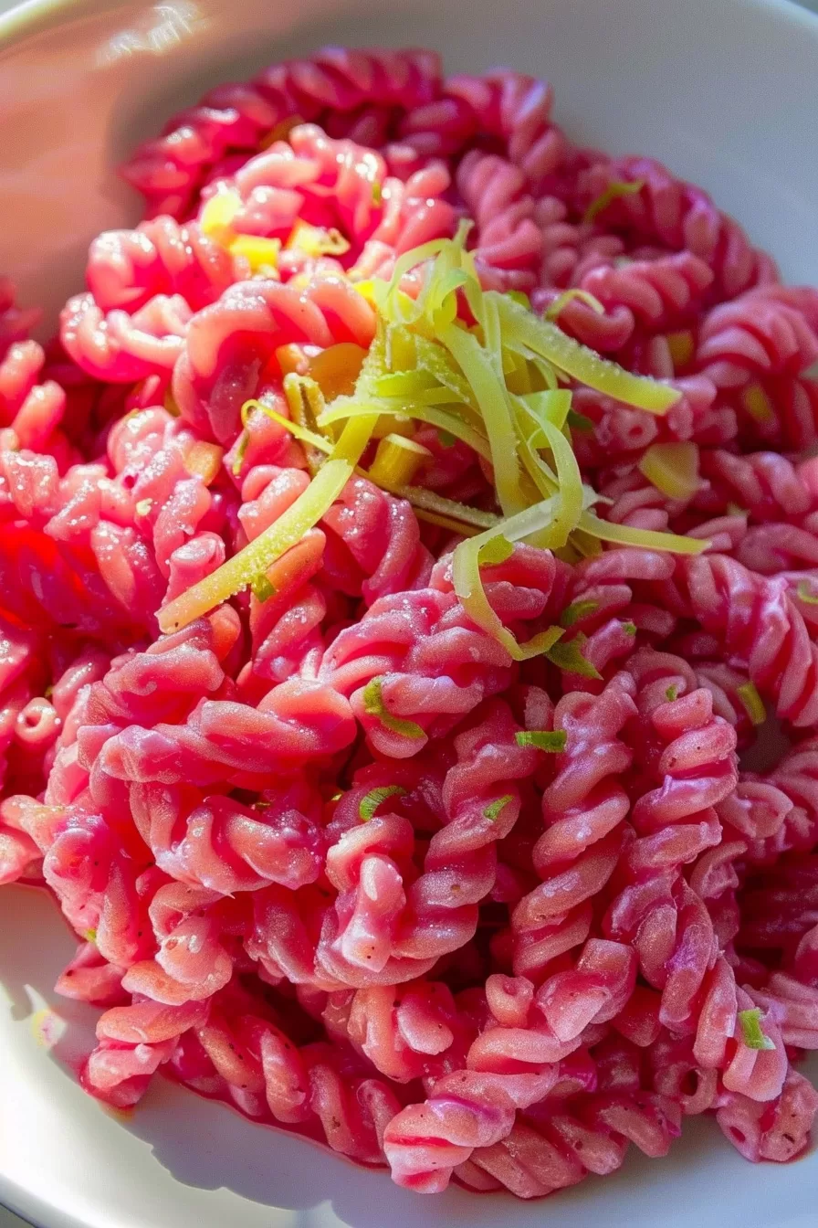 Close-up of perfectly cooked rotini pasta in a creamy, bright pink sauce, garnished with shredded toppings.