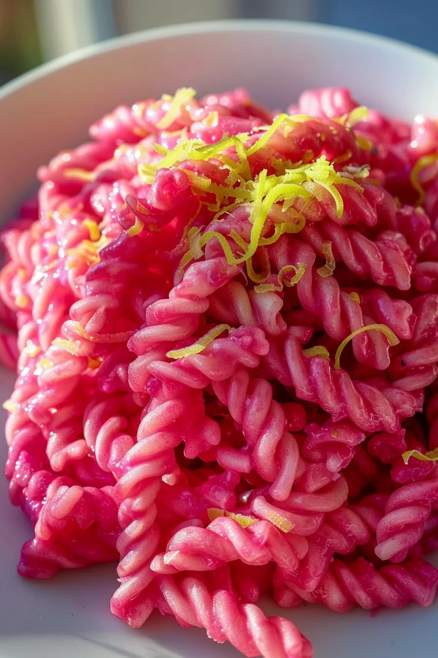 A colorful and creamy pasta dish served in a white bowl, highlighting its unique and playful presentation.