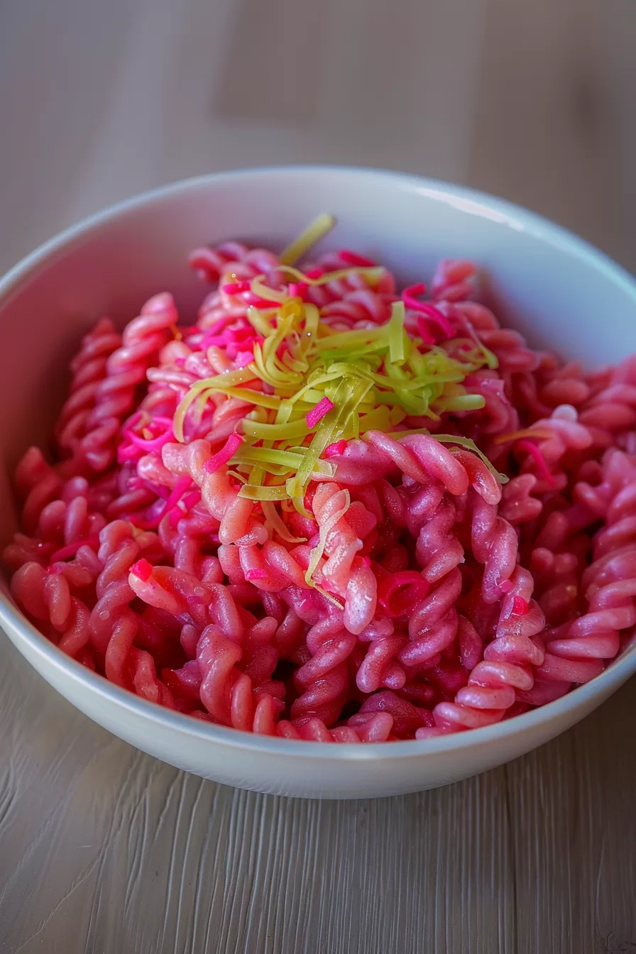 A bowl of fun and eye-catching pink pasta, complemented by a sprinkle of fresh green and yellow garnish.