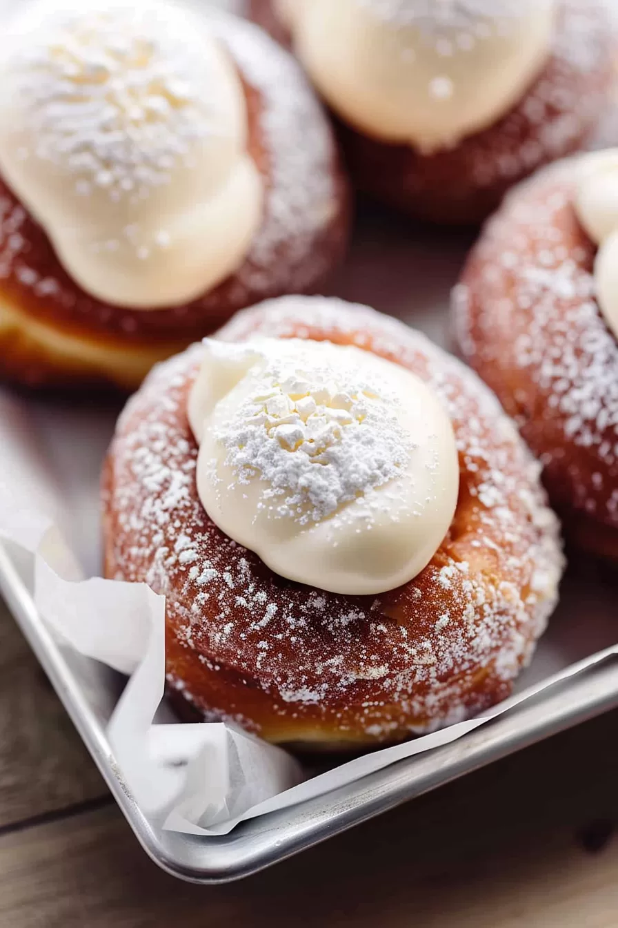 Golden brown donuts generously dusted with powdered sugar and topped with a swirl of creamy custard, arranged neatly in a baking tray.