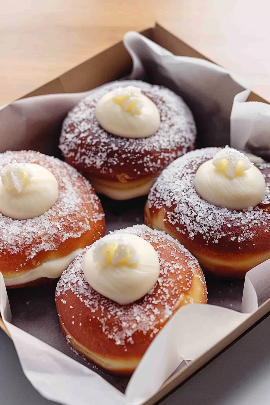 Close-up of freshly made donuts filled with Bavarian cream, dusted with sugar, and elegantly presented in a parchment-lined box.