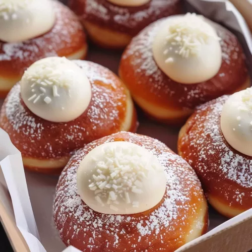 Soft, fluffy donuts with a golden exterior, filled with smooth cream, and finished with a dusting of powdered sugar and a sprinkle of white chocolate curls.