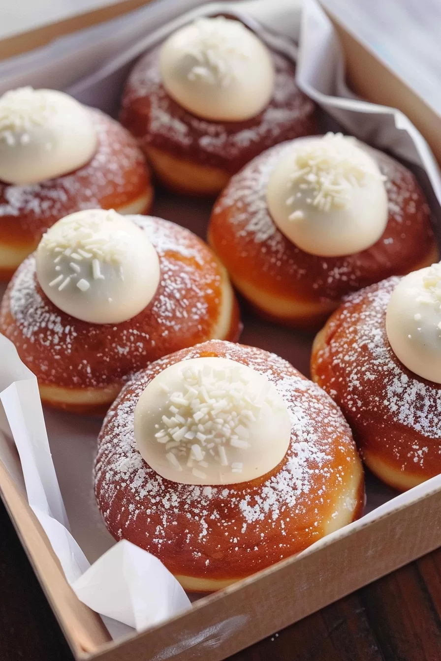 Soft, fluffy donuts with a golden exterior, filled with smooth cream, and finished with a dusting of powdered sugar and a sprinkle of white chocolate curls.