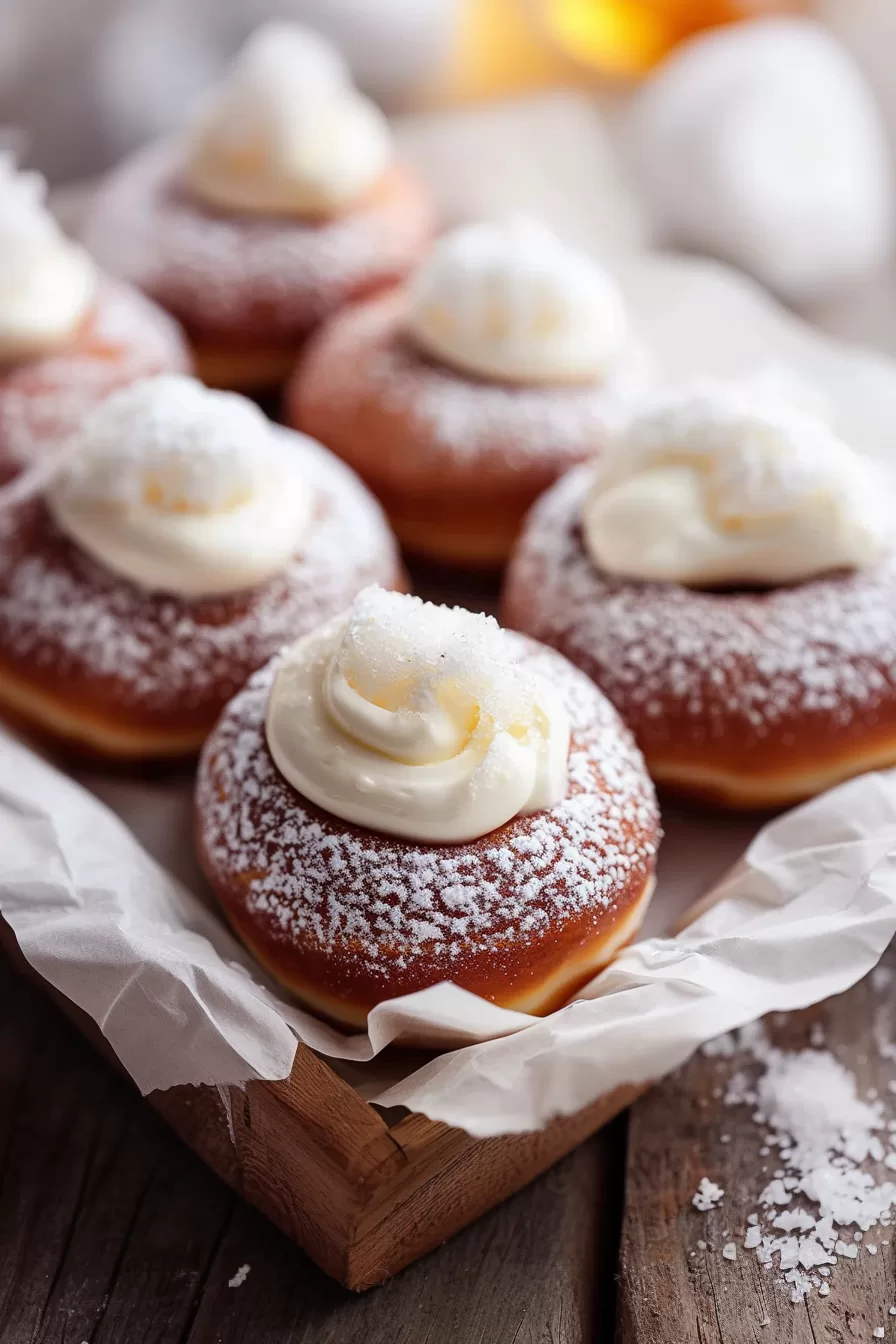 A batch of Bavarian cream donuts displayed in a wooden box, each topped with a swirl of custard and lightly sprinkled with sugar crystals.