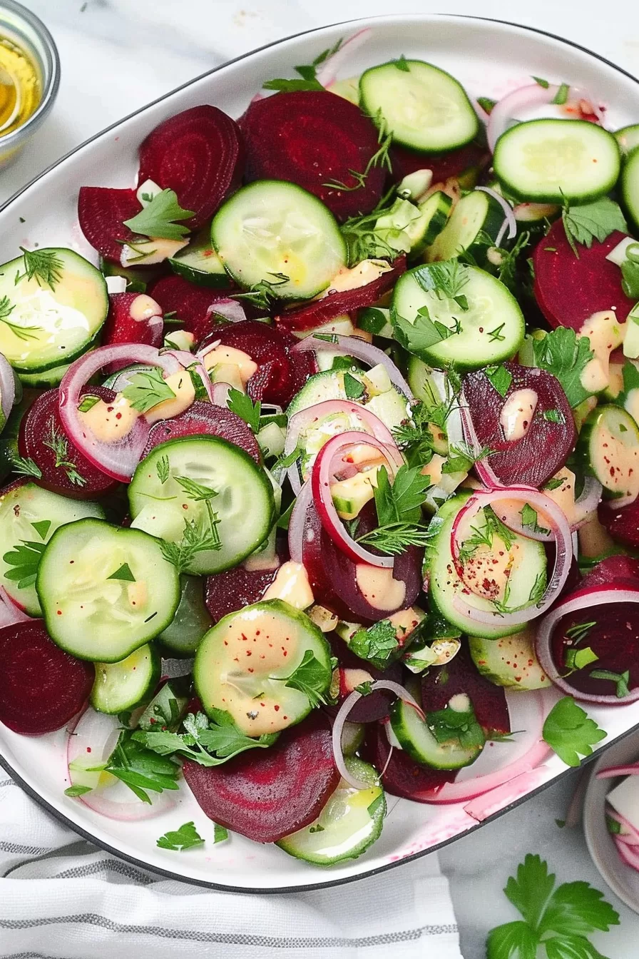 Vibrant beetroot and cucumber salad topped with red onions, fresh herbs, and a drizzle of creamy dressing served in a white bowl.