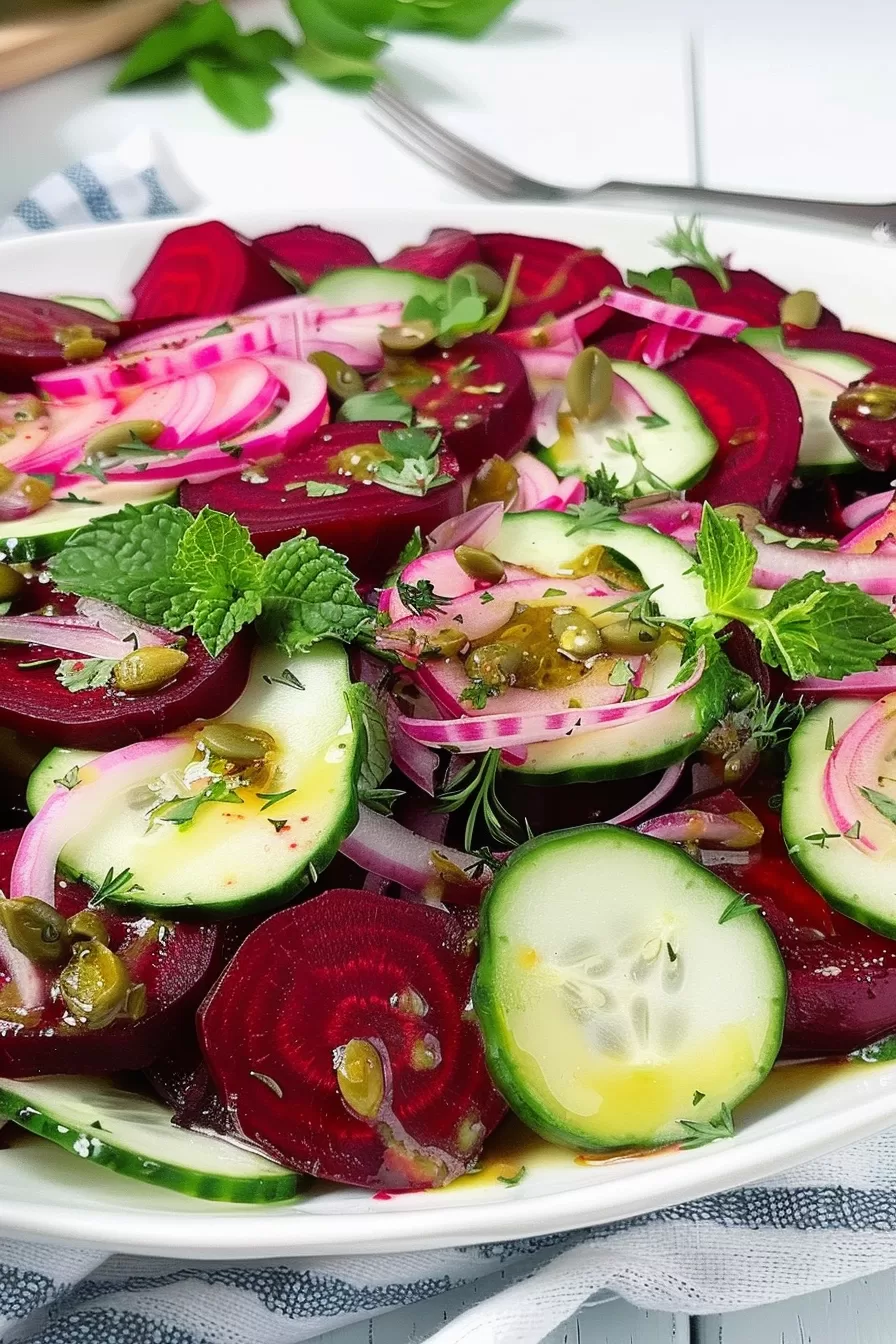 Close-up of a refreshing cucumber and beet salad garnished with mint leaves, thinly sliced red onions, and a light vinaigrette.