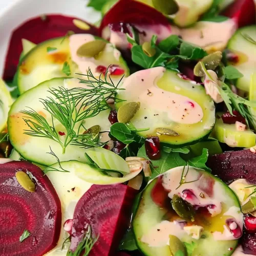 A colorful plate of sliced beetroot and cucumber salad with pumpkin seeds, fresh dill, and a tangy dressing.