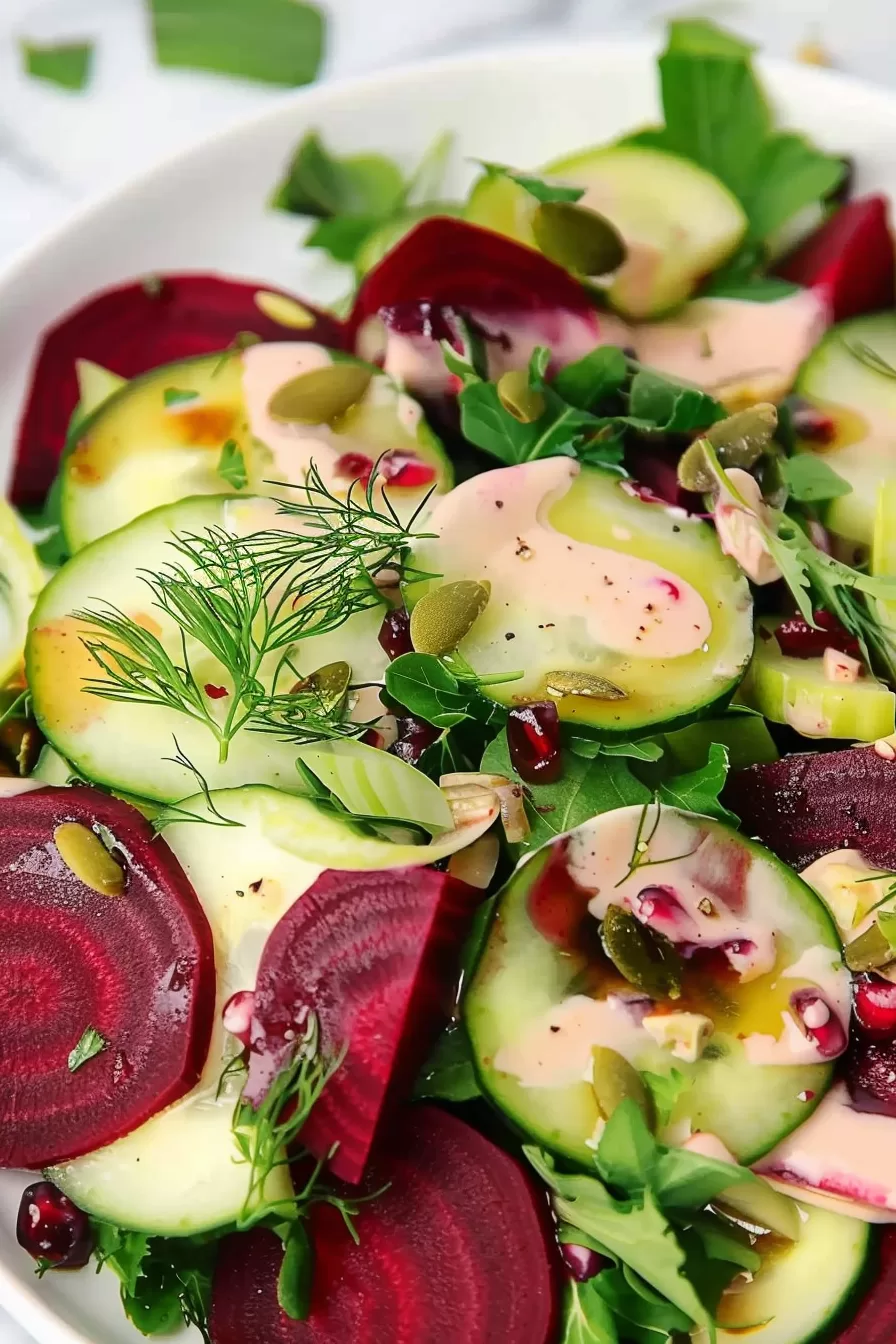 A colorful plate of sliced beetroot and cucumber salad with pumpkin seeds, fresh dill, and a tangy dressing.