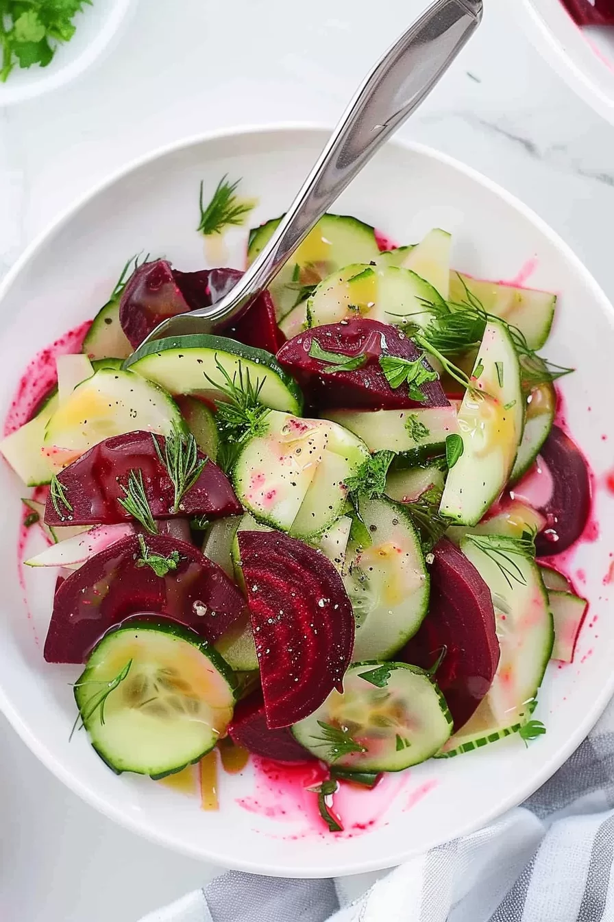 Overhead shot of beetroot cucumber salad with thin slices of radish, green herbs, and a light sprinkle of cracked black pepper.