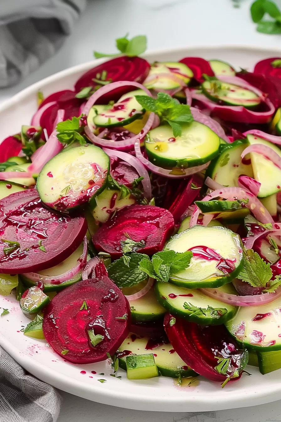 Fresh beetroot cucumber salad in a white bowl, garnished with parsley, red onions, and a drizzle of oil-based dressing.