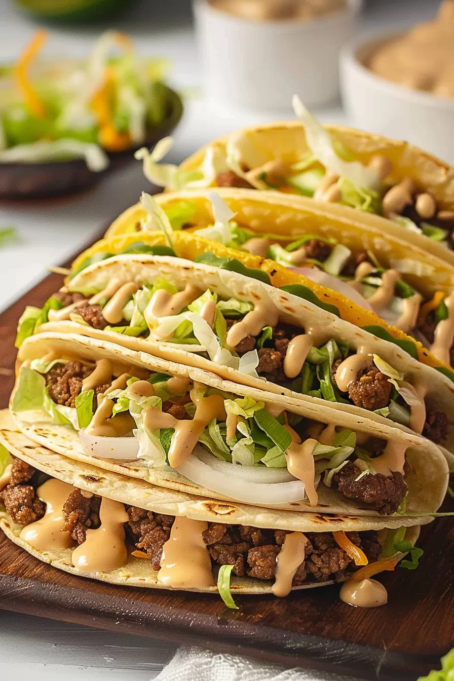 A stack of tacos filled with ground beef, lettuce, pickles, cheese, and a tangy sauce, served on a wooden board.