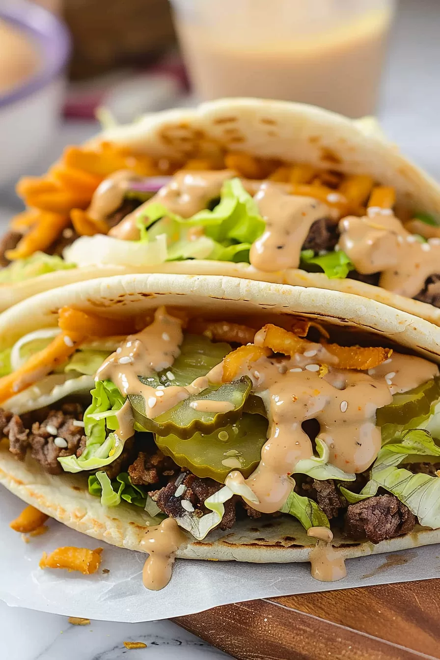 Close-up of loaded tacos filled with seasoned beef, shredded lettuce, diced onions, and a creamy sauce drizzle.