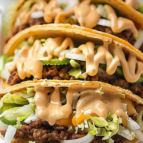 Soft tortillas filled with beef, melted cheese, lettuce, and pickles, finished with a rich, creamy sauce.