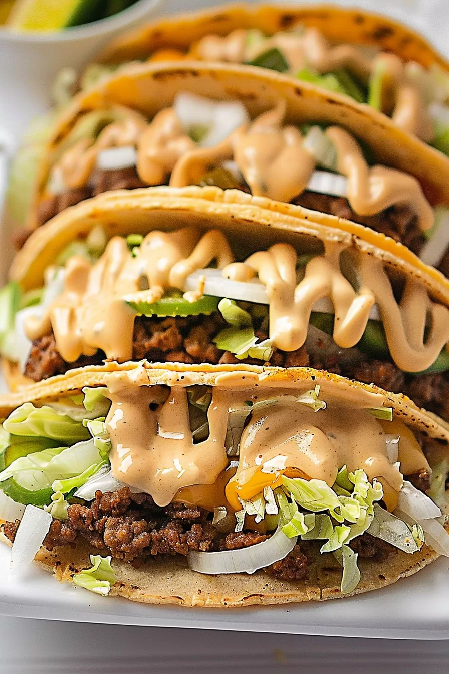 Soft tortillas filled with beef, melted cheese, lettuce, and pickles, finished with a rich, creamy sauce.