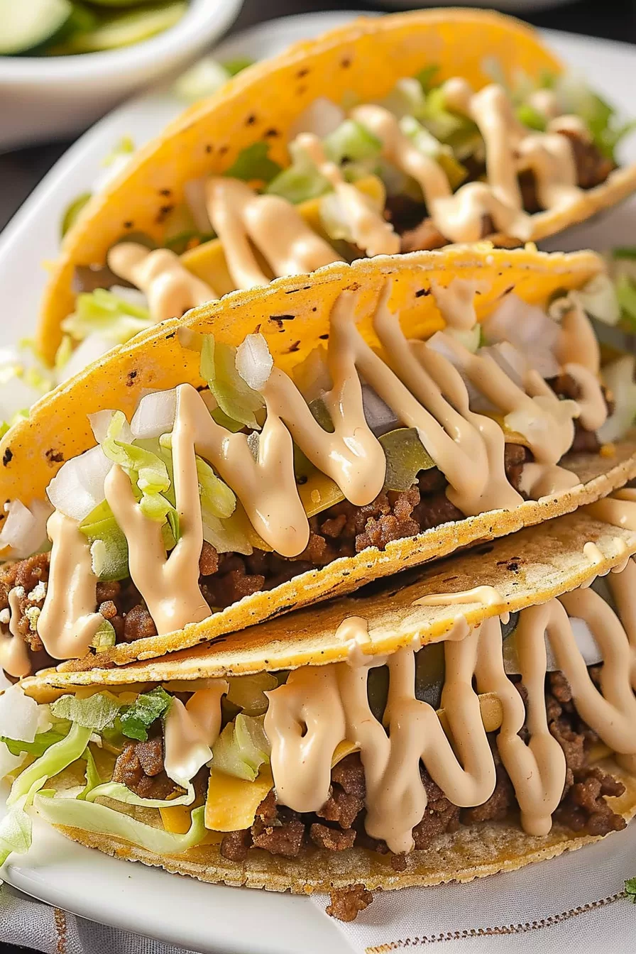 Golden tacos packed with seasoned beef, lettuce, onions, and a signature sauce drizzle, ready for serving.