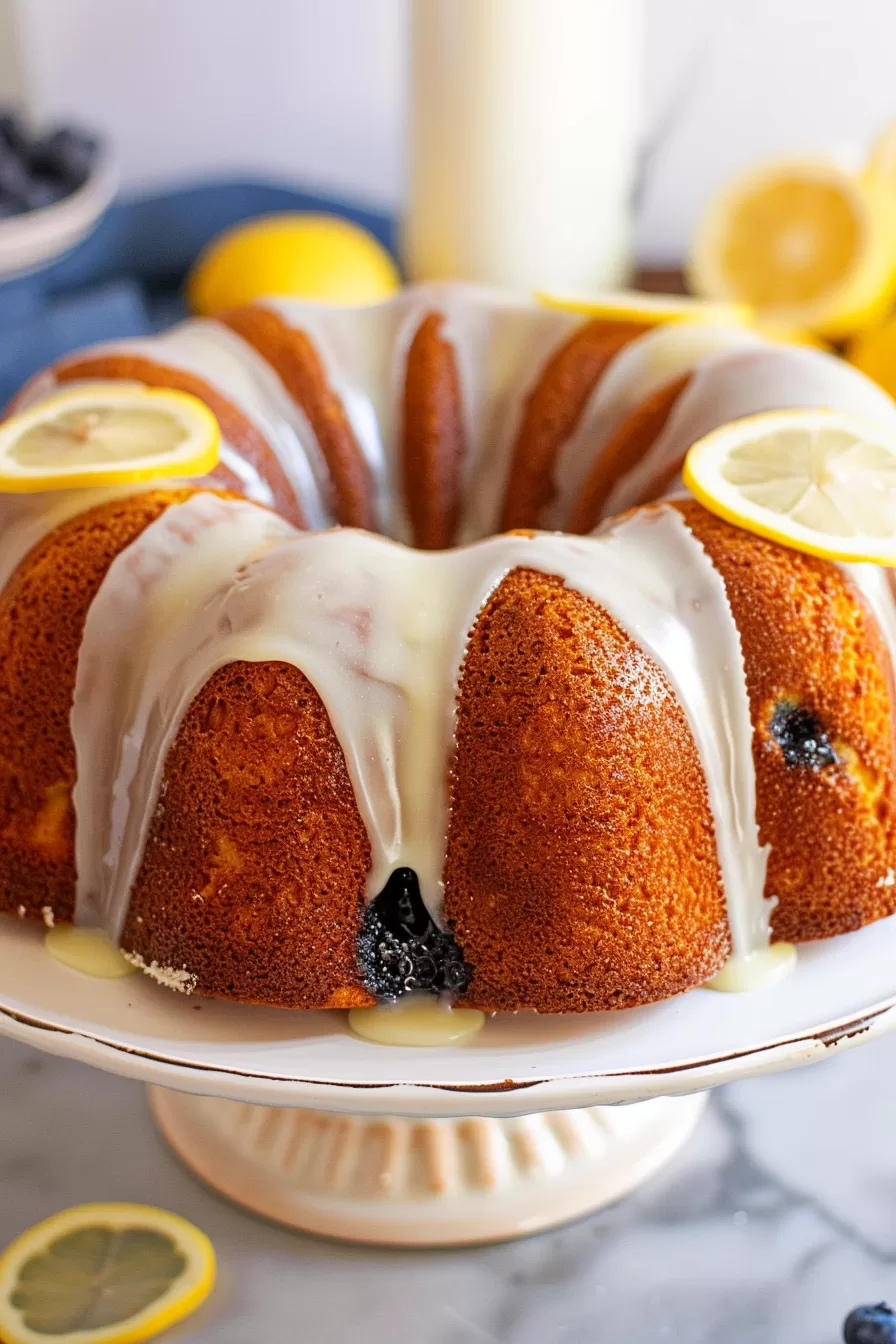 Close-up of a whole blueberry bundt cake being drizzled with glaze, showing the rich golden texture and blueberry bursts.