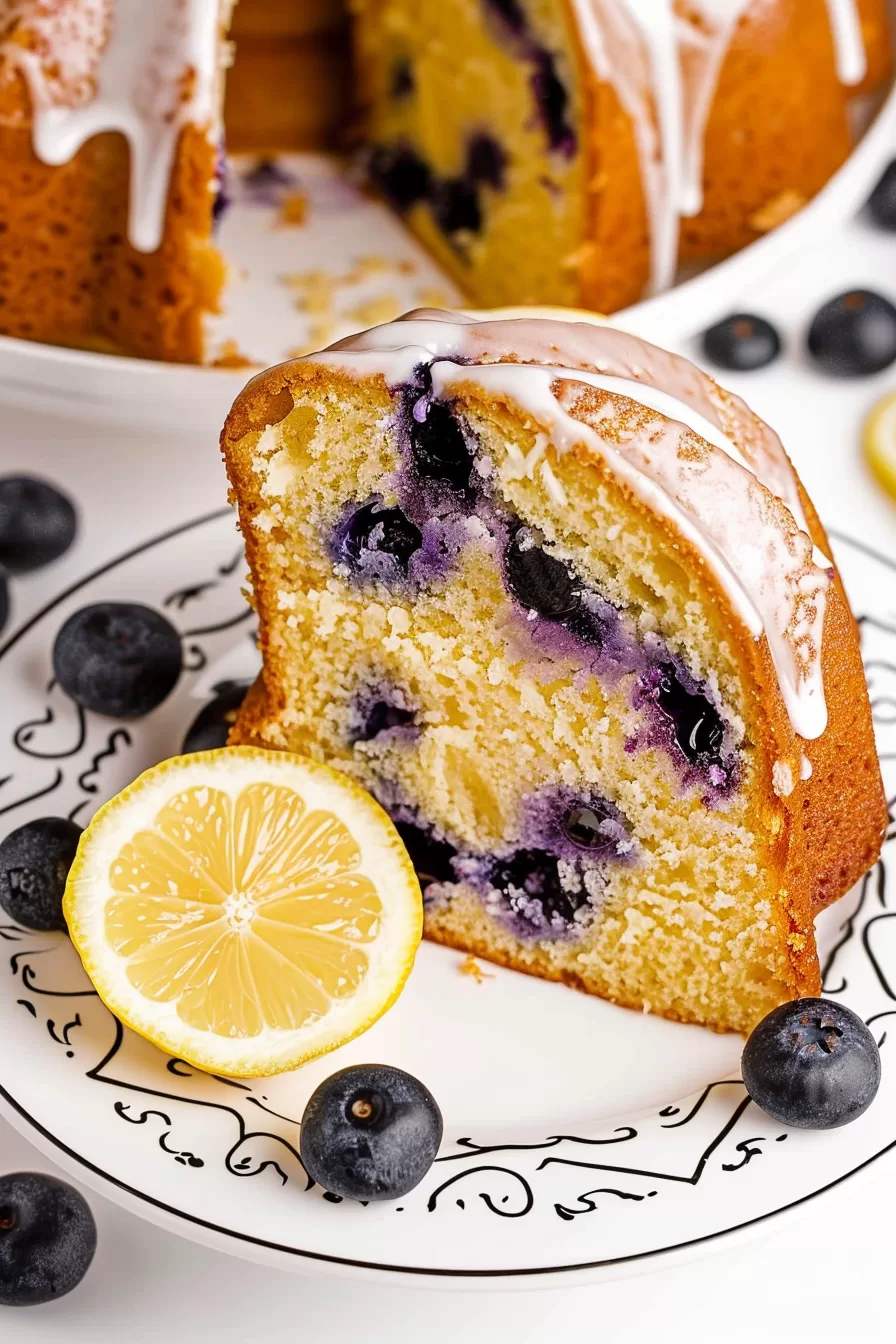 A sliced bundt cake with a soft, fluffy interior filled with juicy blueberries, topped with a drizzle of sweet glaze.