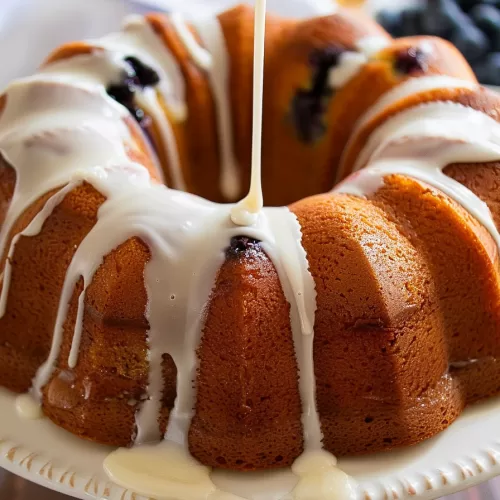 A whole bundt cake with a lemon glaze, surrounded by fresh blueberries and lemons, ready to be served.