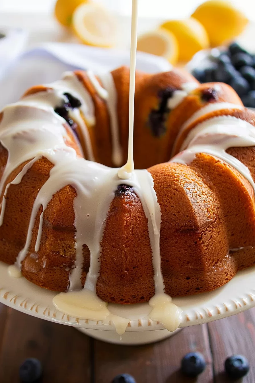 A whole bundt cake with a lemon glaze, surrounded by fresh blueberries and lemons, ready to be served.